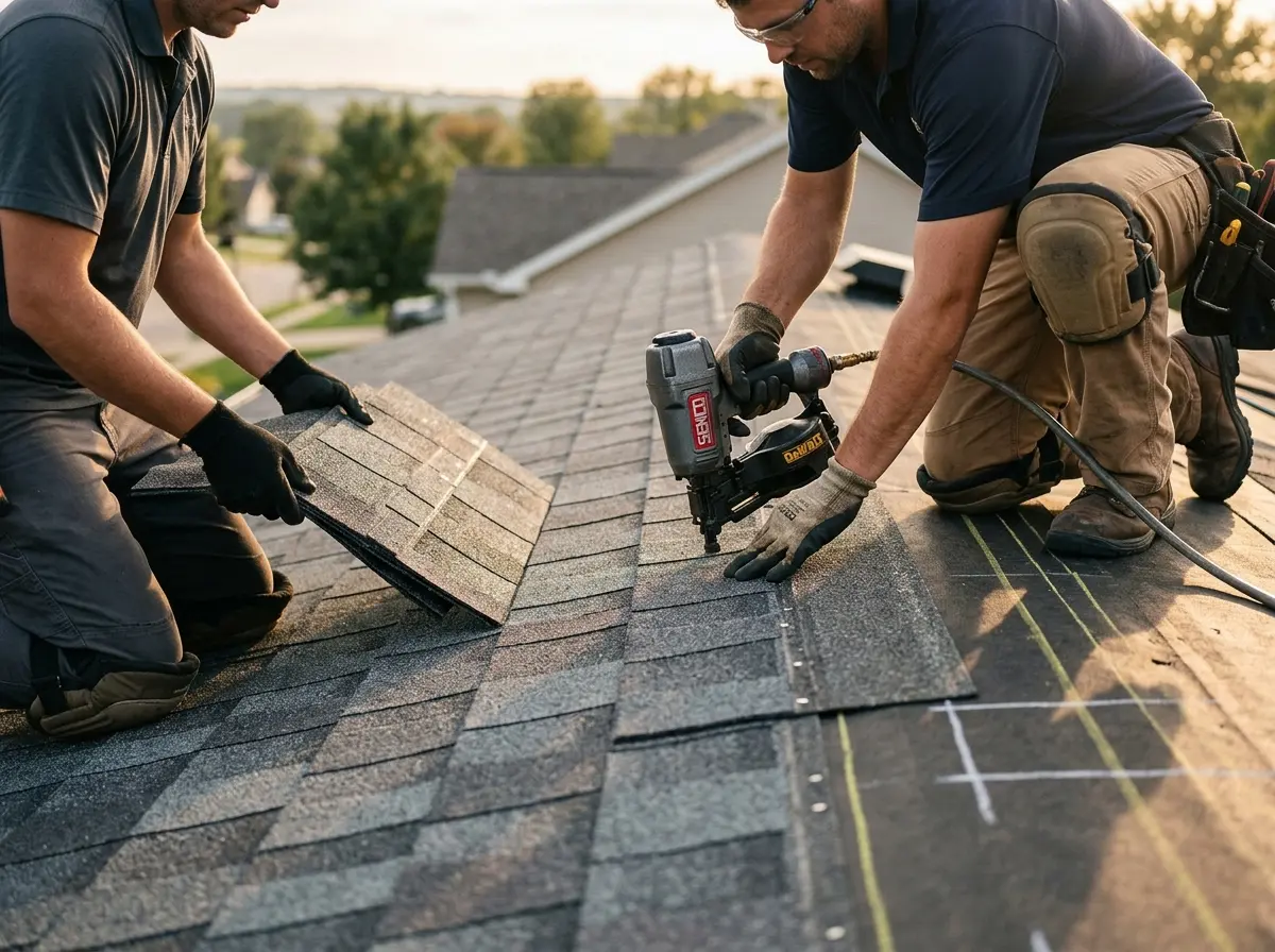 Professional roofer working on a residential roof in Jenks